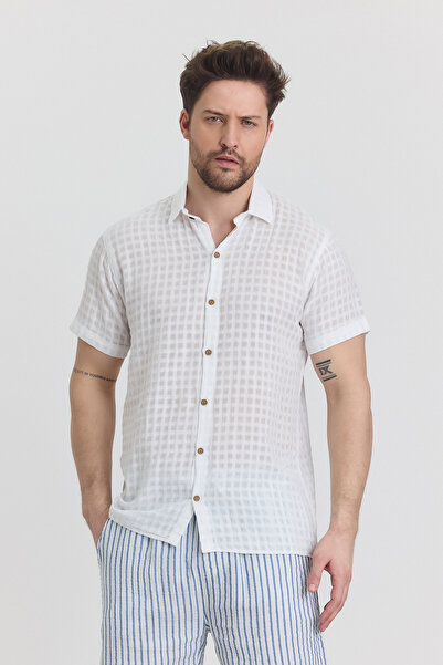 TCT TEKSTİL Ανδρικό πουκάμισο - Μουσελίνα βάφλα καρό γιακά κοντομάνικο πουκάμισο - 4045