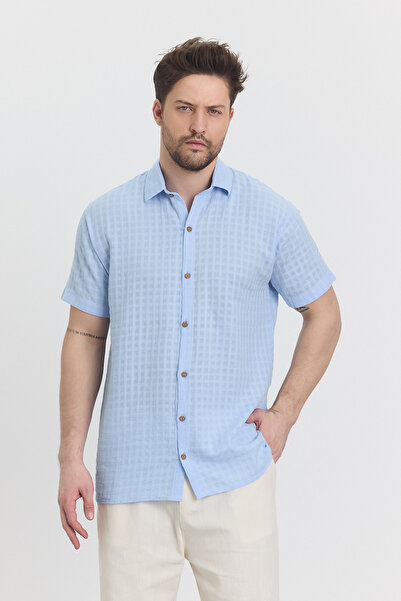 TCT TEKSTİL Чоловіча сорочка - Муслінова сорочка з коротким рукавом і коміром у клітинку - 4045
