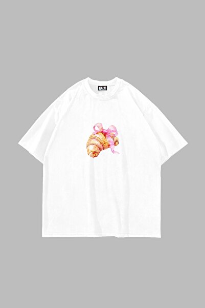 Bak Moda Bow Croissant Štampano Oversize kroj Unisex bela majica