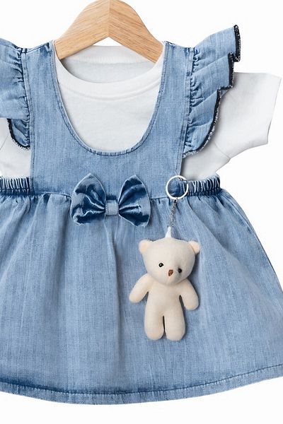 NEGİYYİM Baby Girl Teddy Bear Ribbon Detailed Denim Dress 3-18 Months