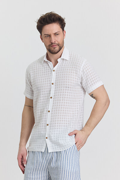 TCT TEKSTİL Ανδρικό πουκάμισο - Μουσελίνα βάφλα καρό γιακά κοντομάνικο πουκάμισο - 4045
