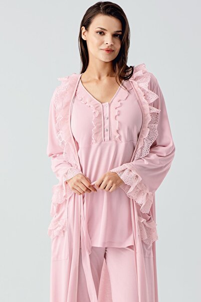 Artış Uzun Kollu Dantelli Düğmeli Esnek Viskoz Sabahlık Pijama Takım