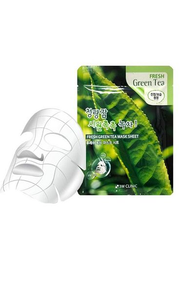3W CLINIC Face Mask With Green Tea Extract, Moisturizing Effect Fresh Green Tea Mask Sheet, 23g