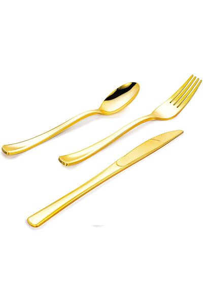COOYA 75 Pcs Disposable Tableware, Include Forks, Spoons, Knives, Gold