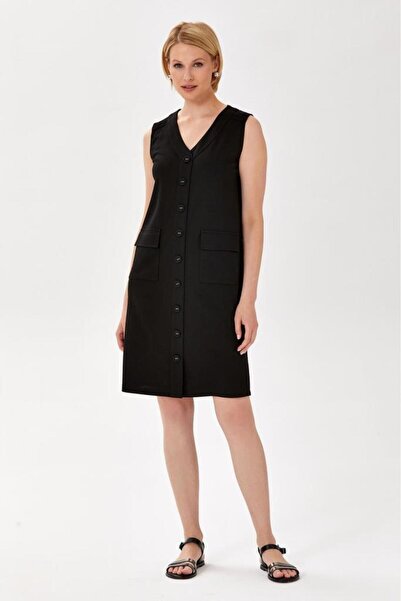 İKİLER V Yaka Önü Düğmeli Cep Detaylı Elbise 024-2506