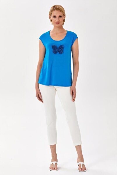 İKİLER Önü Nakış Detaylı Yuvarlak Yaka Bluz 024-1061