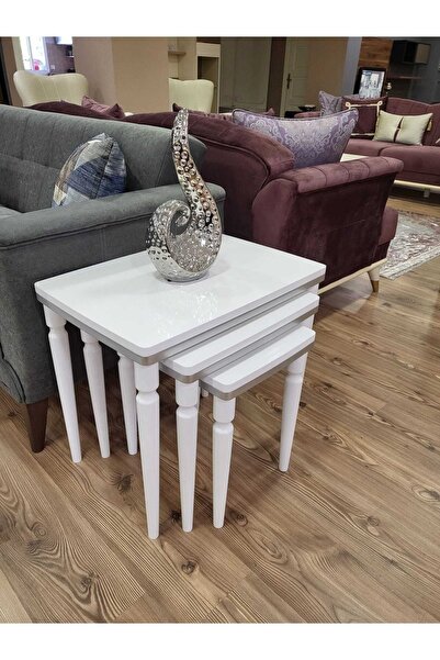 AKSET 3lü Lüx Zigon Sehpa Beyaz Gümüş