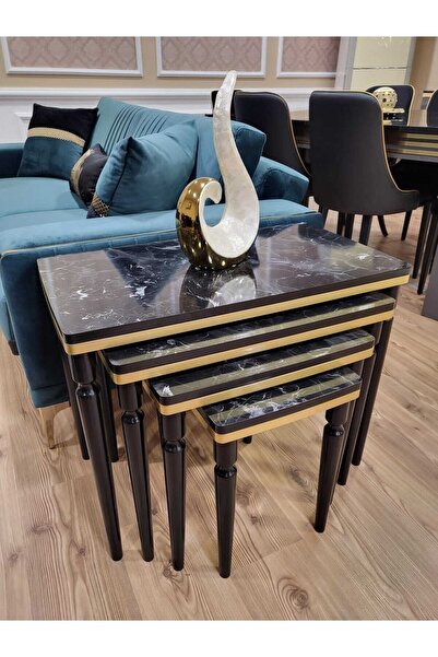 AKSET 4lü Lüx Zigon Sehpa Siyah Mermer Gold