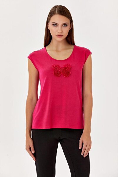 İKİLER Önü Nakış Detaylı Yuvarlak Yaka Bluz 024-1061