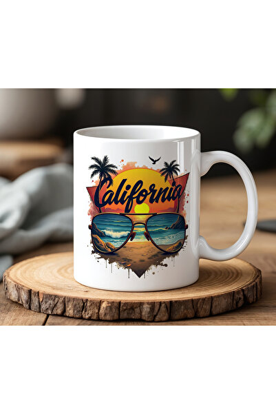 BB TRADE كوب مطبوع من السيراميك الأبيض بتصميم كاليفورنيا سعة 330 مل