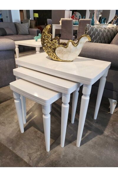 AKSET 3lü Lüx Zigon Sehpa Full Beyaz