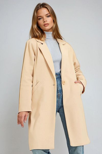 VAGGON Women's Beige Double Pocket Lined Winter Cashmere Coat Prmx9447