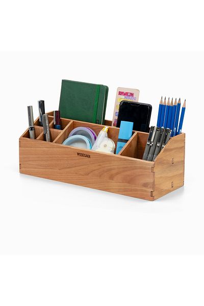 Woodsaka 7-Compartment Tilt Desktop Ö Organization Cherry Wood Pearl