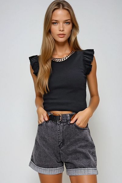 VAGGON Women's Anthracite Double Leg High Waist Denim Shorts Vgn-X5938