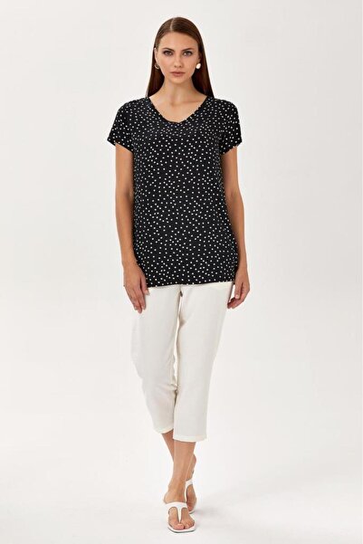 İKİLER Kolları Lastikli V Yaka Kısa Kol Puan Bluz 024-3006