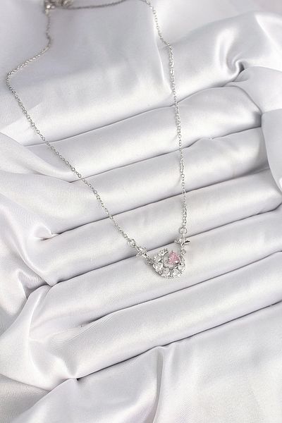 Clariss 316L Steel Silver Color Zircon Stone Crescent Pink Heart Model Women's Necklace