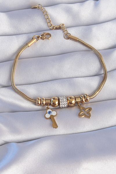 Skygo 316L Steel Gold Color Zircon Stone Clover Detail Evil Eye Key Designed Bracelet - Tj-Bb6203