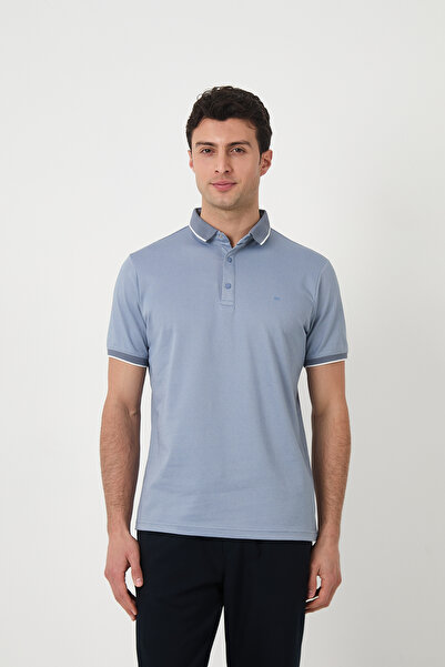 SILVANO تي شيرت رجالي صيفي بأزرار وياقة بولو زرقاء مخططة