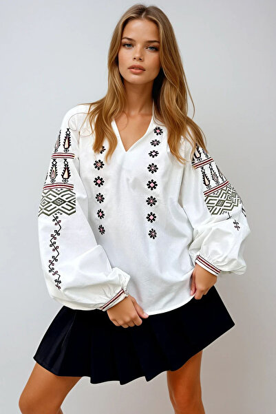 VAGGON Women's White Judge Collar Embroidered Balloon Sleeve Poplin Woven Blouse Prmx12141