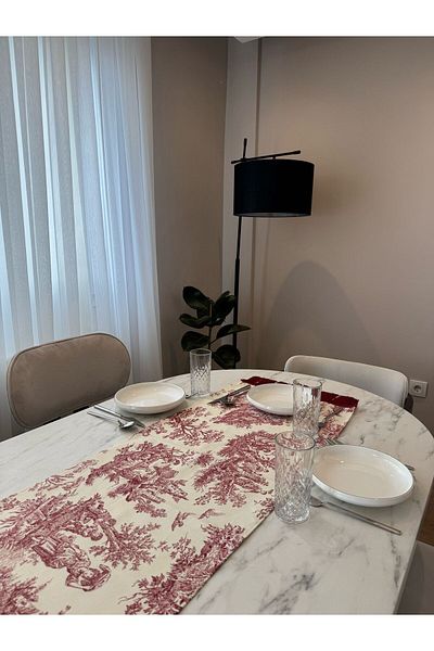 Karam Home French Peasants Printed Linen Runner with Red Tassels