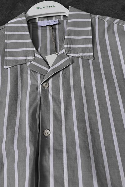 Slatra Men's Khaki Thick Striped Oversize Short Sleeve Shirt