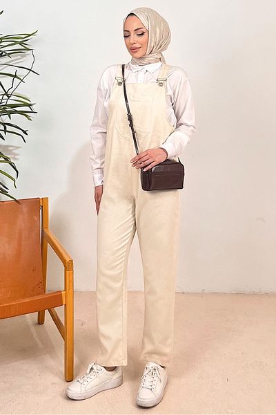 Bestenur Casel Jumpsuit με μπροστινή τσέπη 1419 - Μπεζ