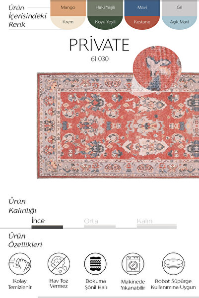 Cool Halı Private Kırmızı Eskitme Vintage Halı Otantik Etnik Desenli Şönil Yolluk Yıkanabilir Koridor Halısı