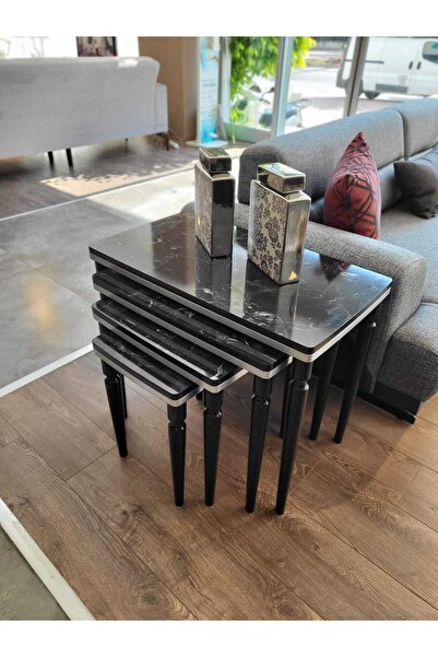 AKSET 4lü Lüx Zigon Sehpa Siyah Mermer Gümüş