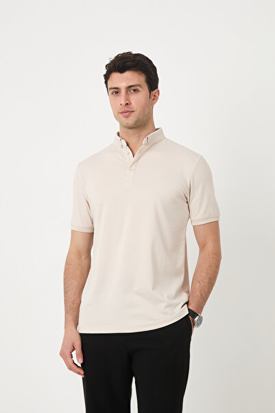 SILVANO تي شيرت بياقة بولو بيج كاجوال صيفي للرجال بأكمام قصيرة بيج