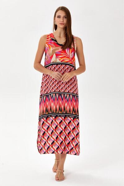 İKİLER V Yaka Kolsuz Desenli Elbise 024-4004