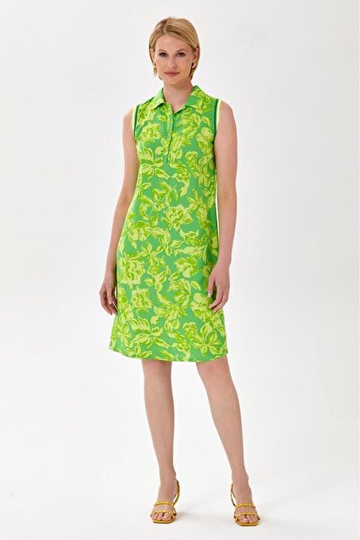 İKİLER Polo Yaka Düğmeli Desenli Elbise 024-4042