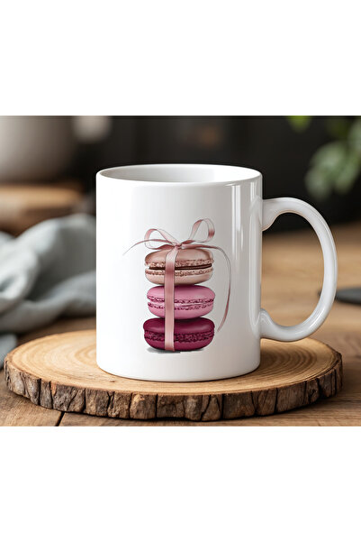 BB TRADE White Ceramic Printed Mug with Ribbon Macaron Design 330ml