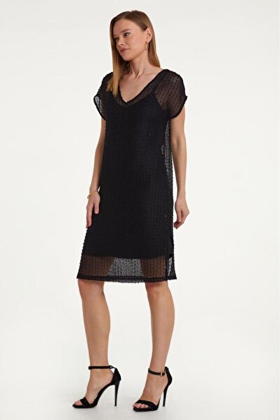 İKİLER V Yaka Düşük Kol Astarlı File Elbise 023-2503