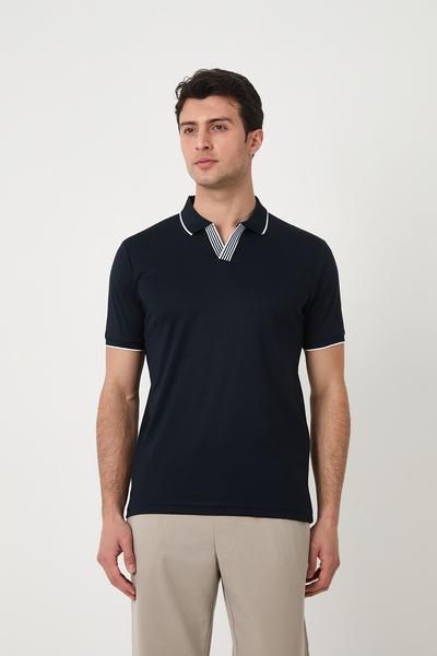 SILVANO تي شيرت رجالي مخطط أساسي صيفي بياقة بولو باللون الأزرق الداكن