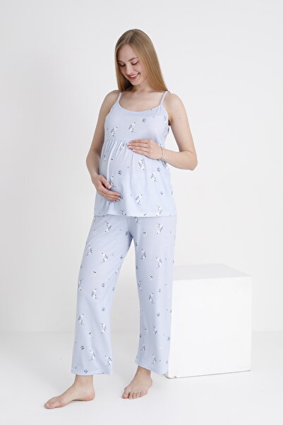 Miss Dünya Lissa Çiçek Desenli Hamile ve Lohusa Askılı Pijama Takımı