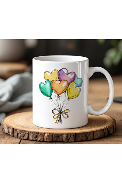 Generic Brand White Ceramic Printed Mug Cup with Heart Balloon Design 330ml