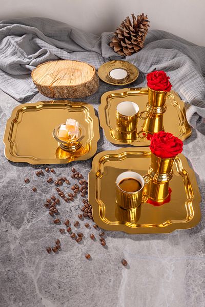 NEWTREND Züccaciye 3-Piece Luxury Gold Daisy Model Stainless Steel Serving, Tea, Coffee, Refreshment, Dowry and Presentation Tray