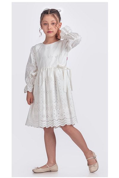 Pina Kids Κοριτσίστικο μακρυμάνικο φόρεμα με ελαστικά μανίκια και διπλή κορδέλα από ασβέστη λεπτομέρεια φόρεμα Elb.y2685