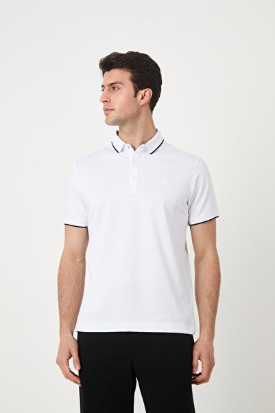 SILVANO تي شيرت رجالي صيفي مخطط بياقة بولو باللون الأبيض