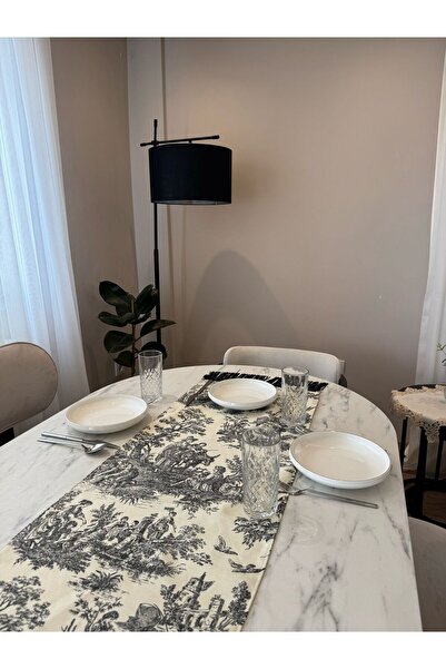 Karam Home Sİyah Püsküllü Fransız Köylüler Baskılı Keten Runner