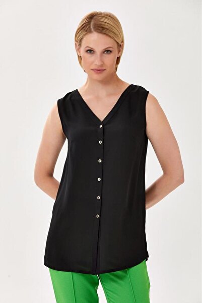 İKİLER V Yaka Önü Düğmeli Kolsuz Bluz 024-3019