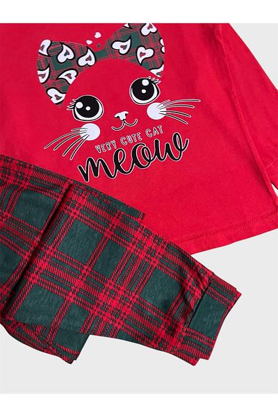 ALİŞ KİDS Girl's 100% Cotton Red Cat Patterned Six Plaid Patterned Long Sleeve Seasonal Pajama Set