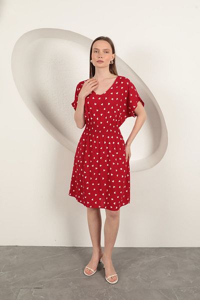 Moka Shopin Mokashopin Viscose Fabric Heart Patterned Dress-Red