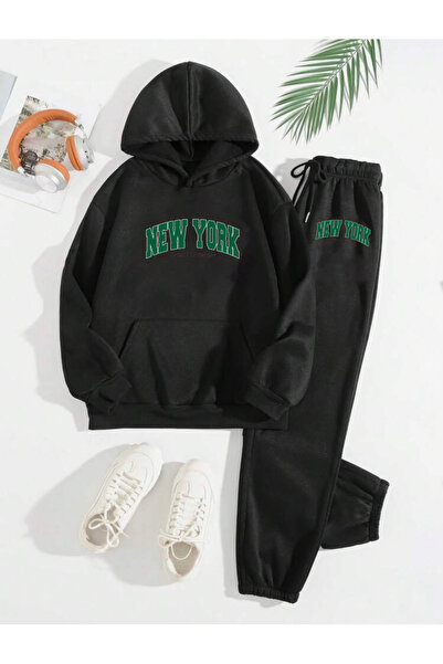 RPT MODA PANTALON DE ANTRENAMENT CU BILĂ DE CANGURO CU BILĂ DE CANGURO DETALIAT CU IMPRIMARE NEW YORK VERDE