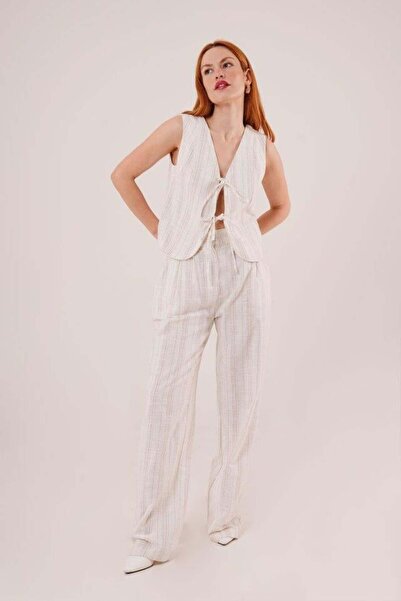Queene Dreams Vest and Trousers with Front Tie Detail Ecru Striped Double Set