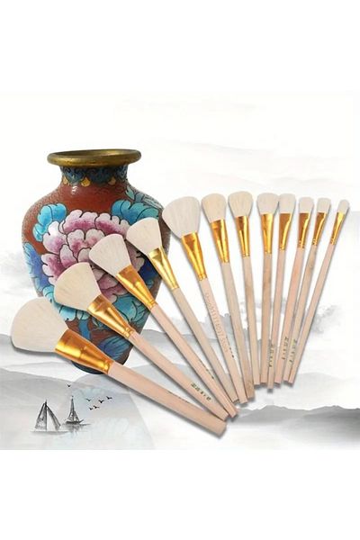 Sanathobi Ceramic Glazing Brush Set, Ceramic Painting, Gilding, Tile, Vase, Hobby Work, Sheep Hair-Set 12Pcs
