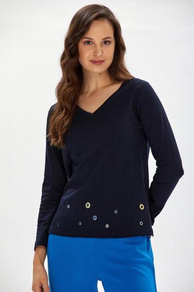 İKİLER Kuşgözü Detaylı V Yaka Uzun Kol Bluz 234-2117