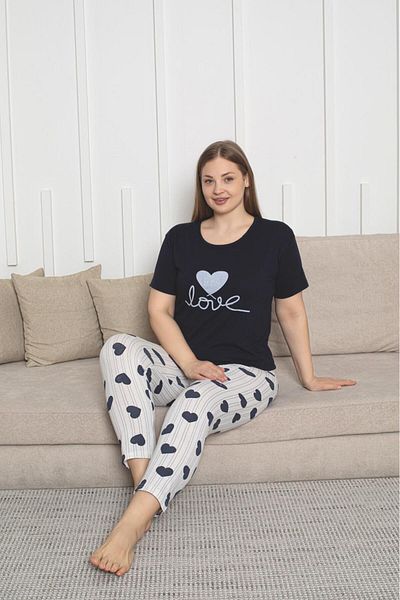 PİJAMORE With Heart Plus Size Oversize Women's Summer Short Sleeve Pajamas Set, You Can Choose 1 Size Larger.