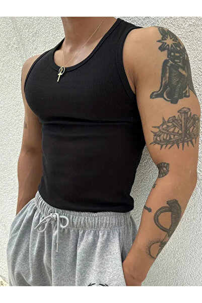 FUWEAR Tricou negru pentru bărbați - Tricou cu guler halter din bumbac Lycra