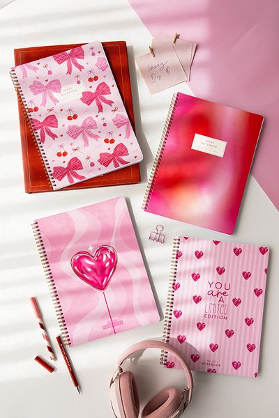 PAPERORA A4 Spiral Cardboard Cover Set of 4 Striped School Notebook 80 Sheets, Red Heart with Lesson Schedule
